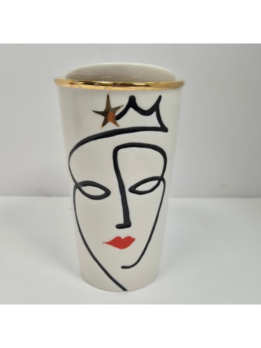 Starbucks 2015 Ceramic Travel Mug With Lid Gold Accent & Abstract Face Design